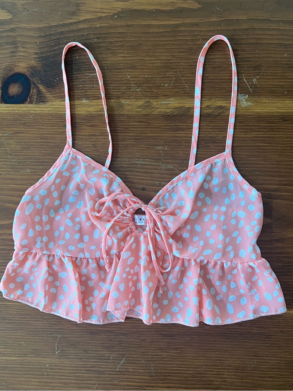 Blue Blush Coral Tie-Front Spaghetti Strap Crop Top